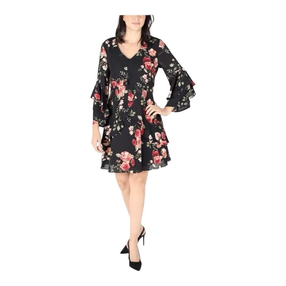 Signature By Robbie Bee Black Floral Rose Print Dress Size 14 Boho Y2K - Picture 1 of 13